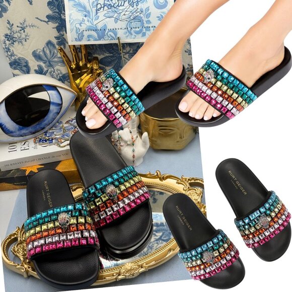🆕 KURT GEIGER LONDON 🧿 NWOB Meena Eagle Jewel Sandal, Black Rainbow, Sz 38 7.5 - Picture 1 of 13